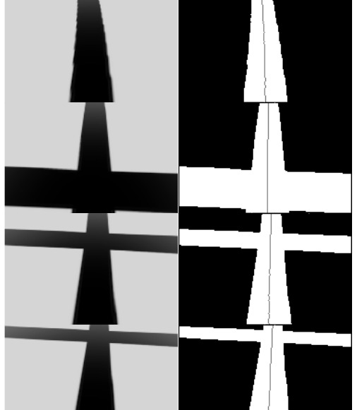 Four rows, two columns. Left: original grayscale frames — the top one a clean uninterrupted lane as the control case, the three below it cut through by a crossing. Right: the same frames binarized, with a thin centerline running continuously across each break.