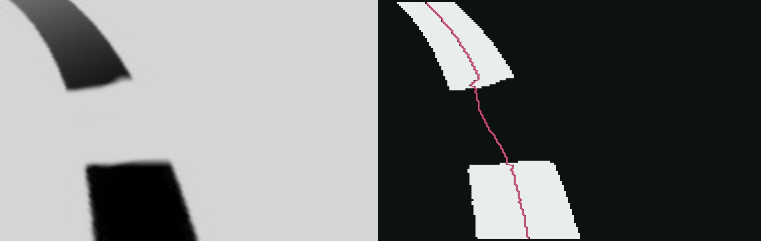 Left: the original frame in which the lane has worn away into two separate patches with a wide gap between them. Right: the algorithm's own binarized view of the same frame, with the reconstructed centerline drawn in pink running down the upper patch, across the gap, and on down the lower patch.