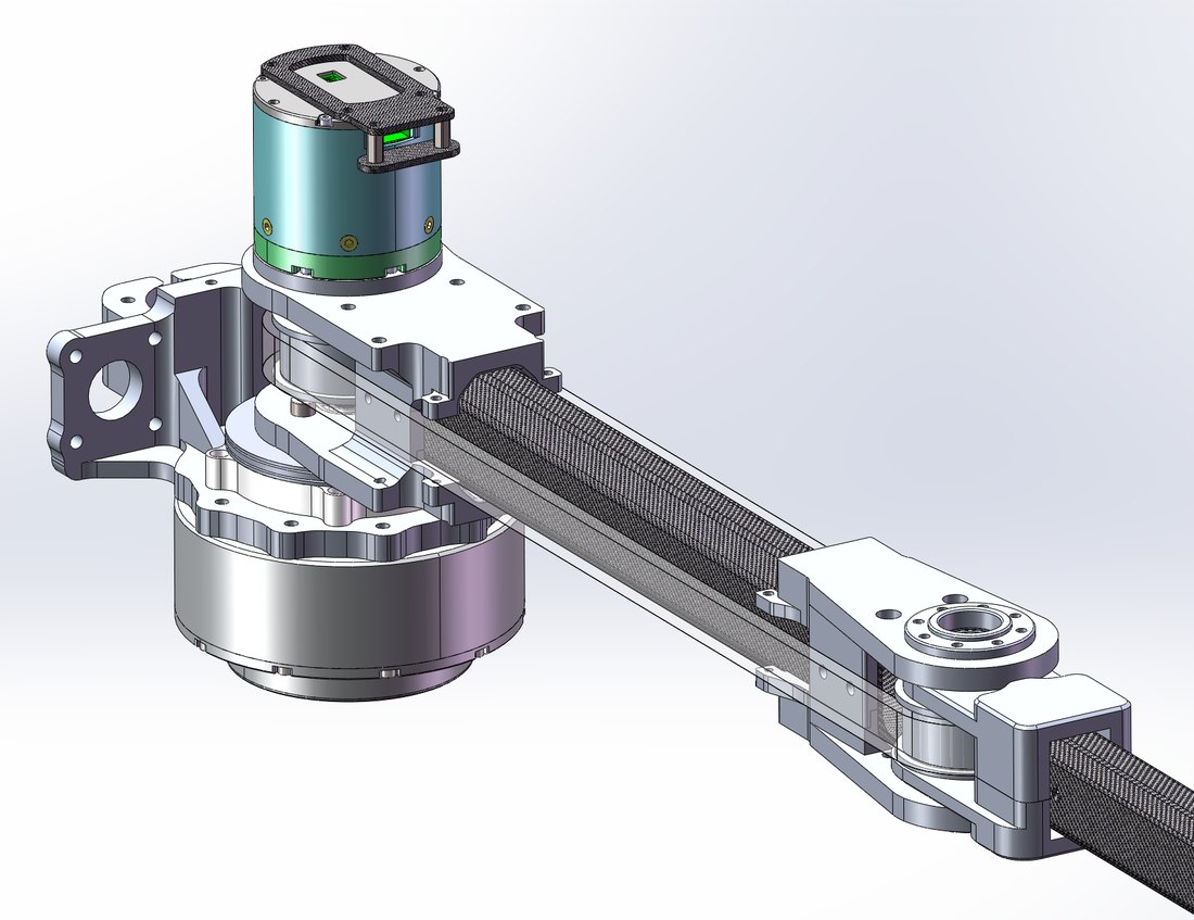 Isometric CAD view of the arm: the small belt motor stacked above the large joint motor at the shoulder, the timing belt running out along the carbon beam, and the elbow flange at the far end.