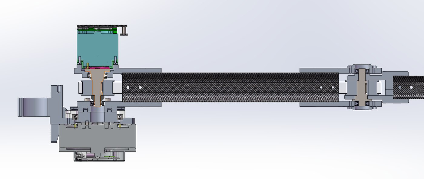 Wide CAD section along the whole arm: the two stacked shoulder motors at the left, the hollow carbon square beam running right, and the elbow joint with its own bearings at the far right.