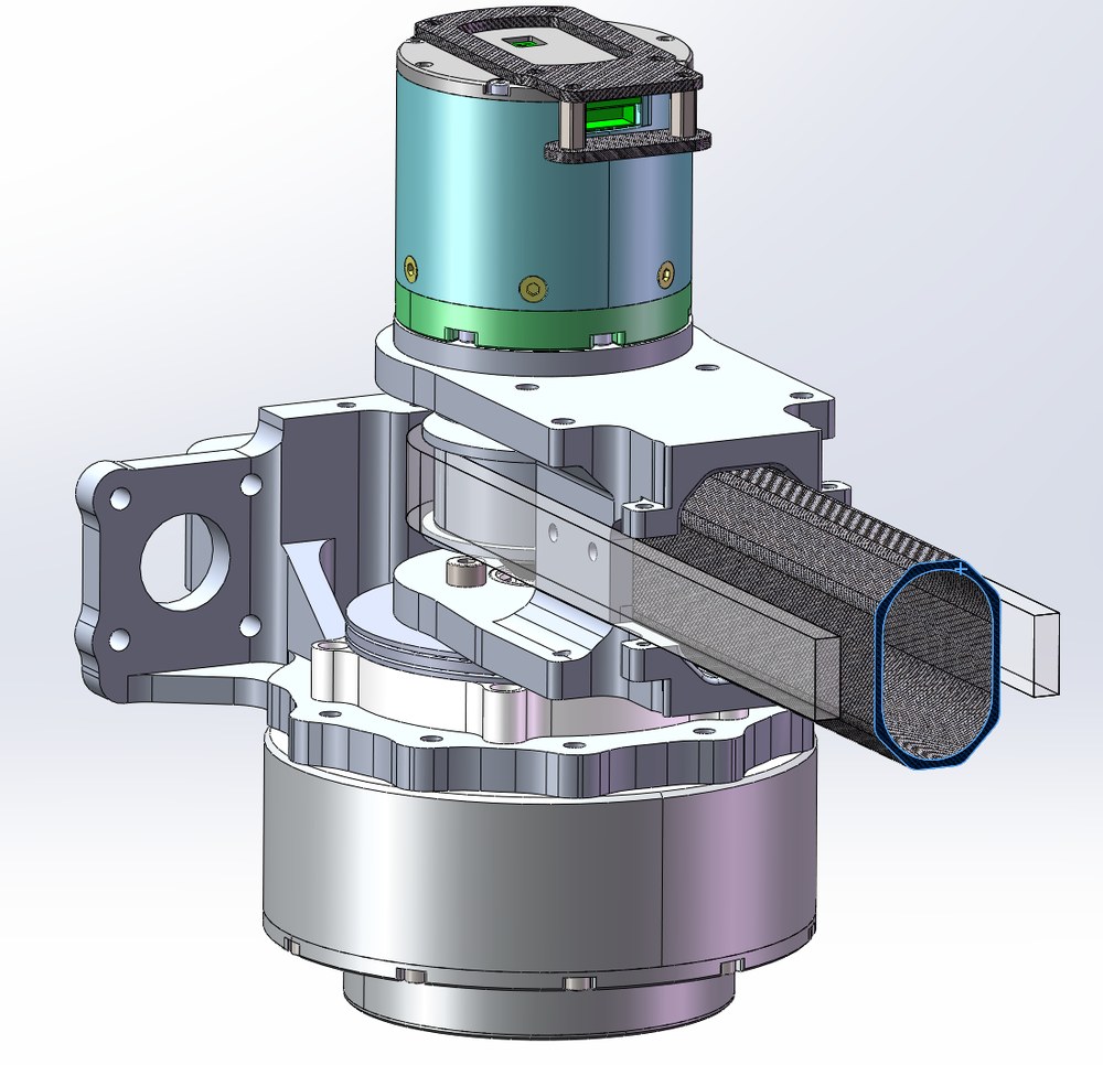 CAD view of the shoulder with the carbon beam cut short at its far end, so the octagonal section shows face-on.