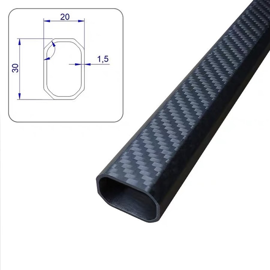 A carbon-fibre octagonal tube with its dimensioned cross-section inset: 30 mm across one axis, 20 mm across the other, 1.5 mm wall.