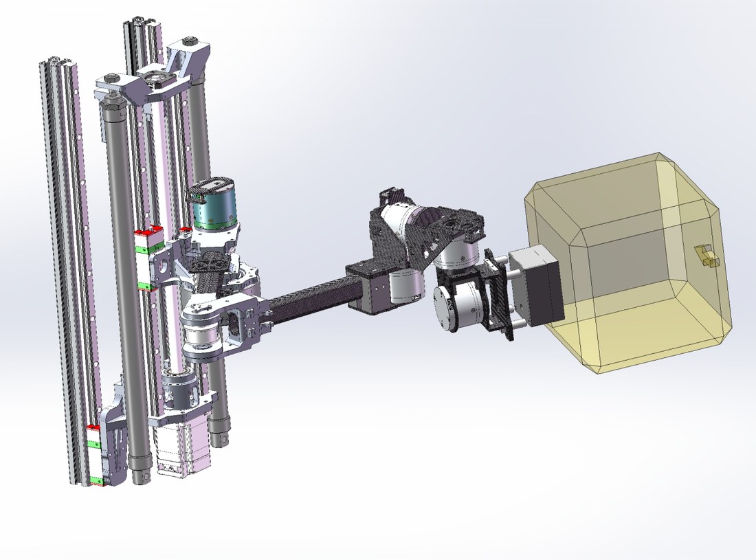 CAD view of the complete arm: the vertical lift column on the left, the two links extending right, and the ore cube held at the end effector.