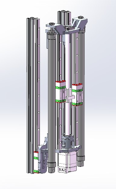 CAD of the two-stage lift: two vertical cylinders flanking a central ball screw driven by a motor at its base, with a separate guide rail column alongside.