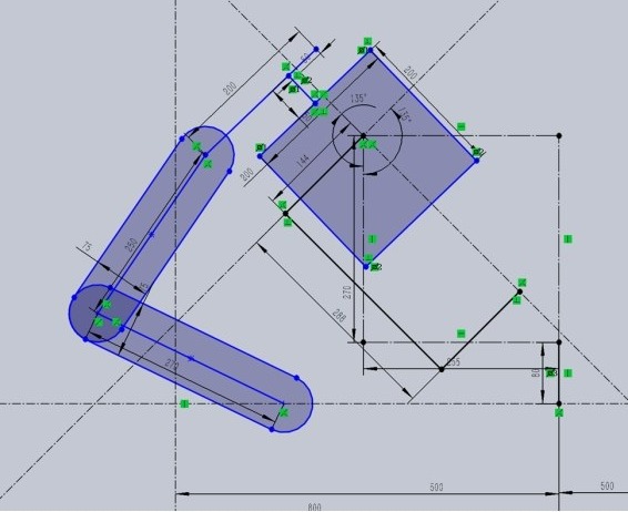 A dimensioned SolidWorks layout sketch: the two arm links drawn as slots at 250 and 270 mm, beside a 200 by 200 mm square target rotated 45 degrees with plus and minus 135 degree swing marked at its center.