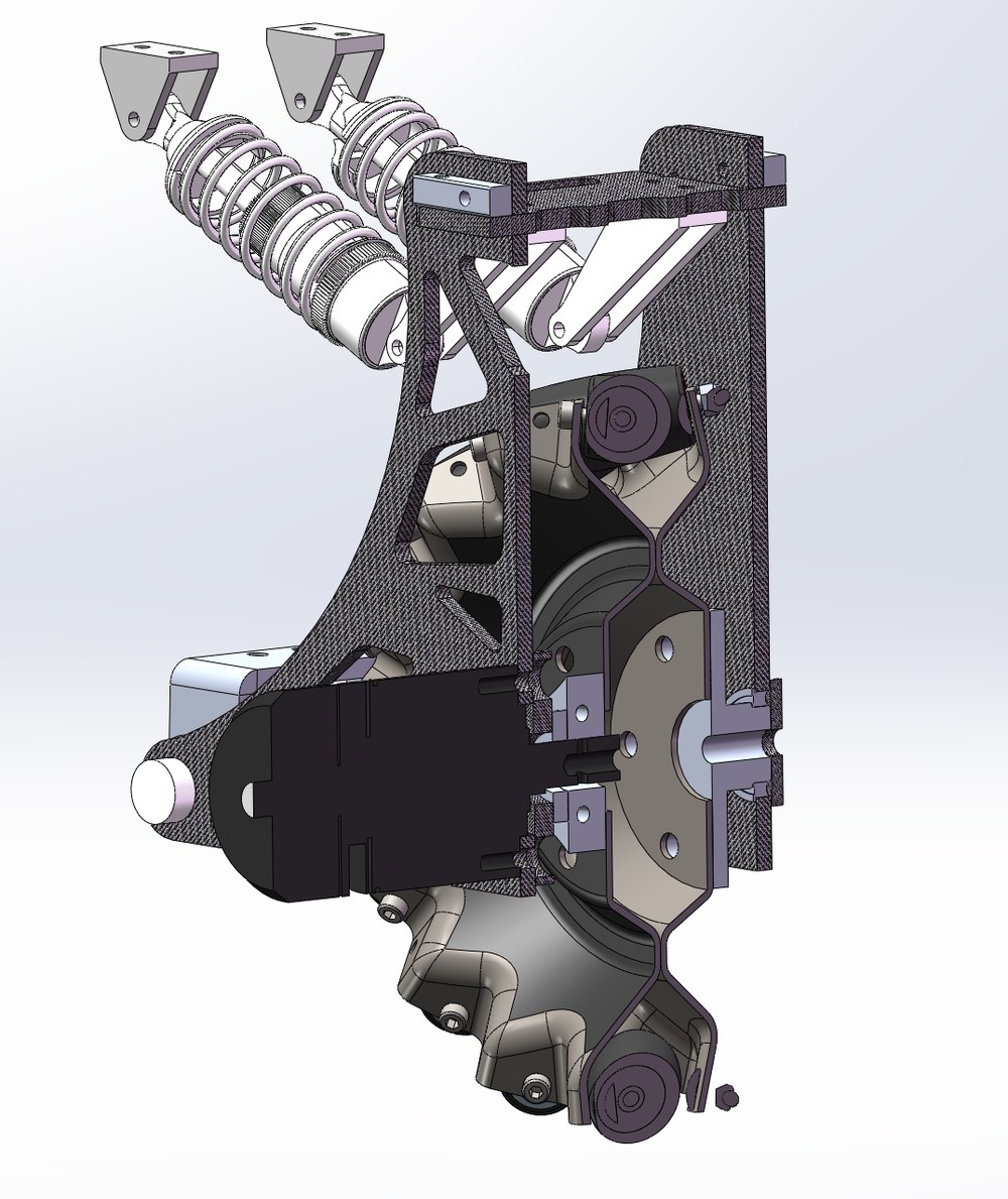 Isometric CAD section of the wheel module and its suspension: the carbon side plate cut away to show the motor, the hub bearing and the rocker linkage with its coil-over spring.