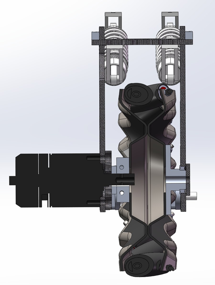 CAD section through one wheel module: the mecanum wheel and its rollers in the middle, the drive motor to the left, a carbon plate either side of the axle, and the suspension springs above.